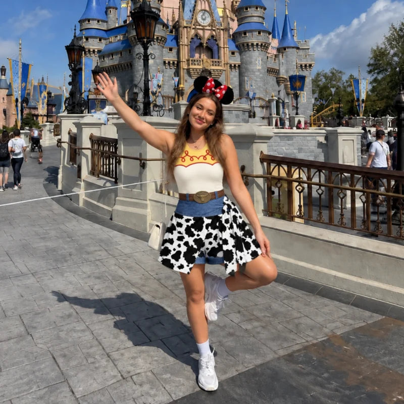 Woman wearing a western-inspired character dress in front of a castle