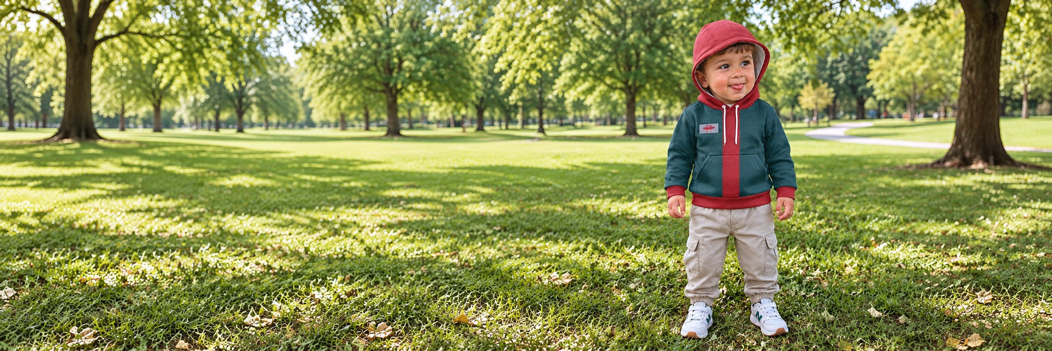 Little boy wearing a teal and red character-inspired hoodie in a sunlit park